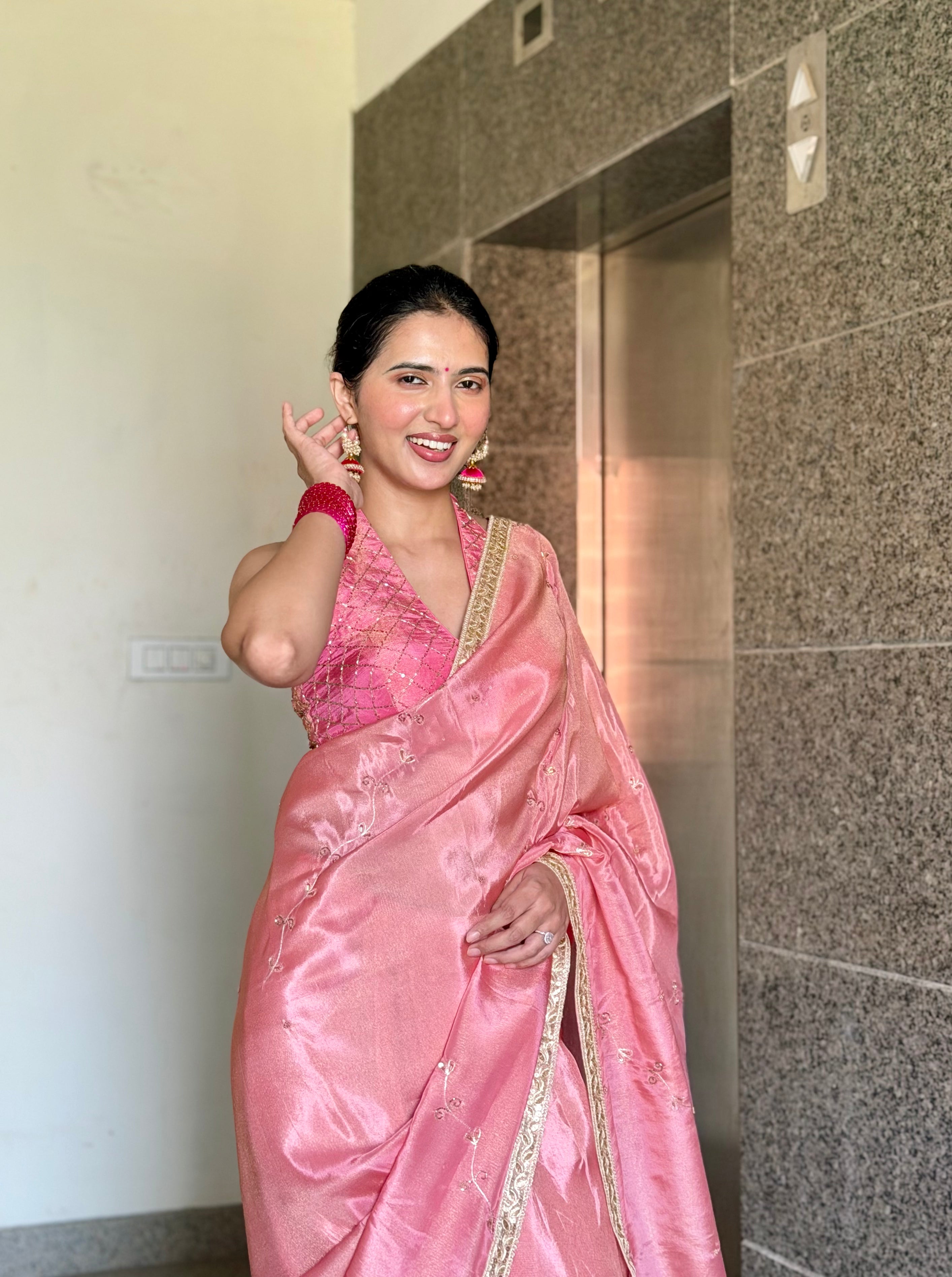 Strawberry Abroo Shimmery Tissue Handwork Saree
