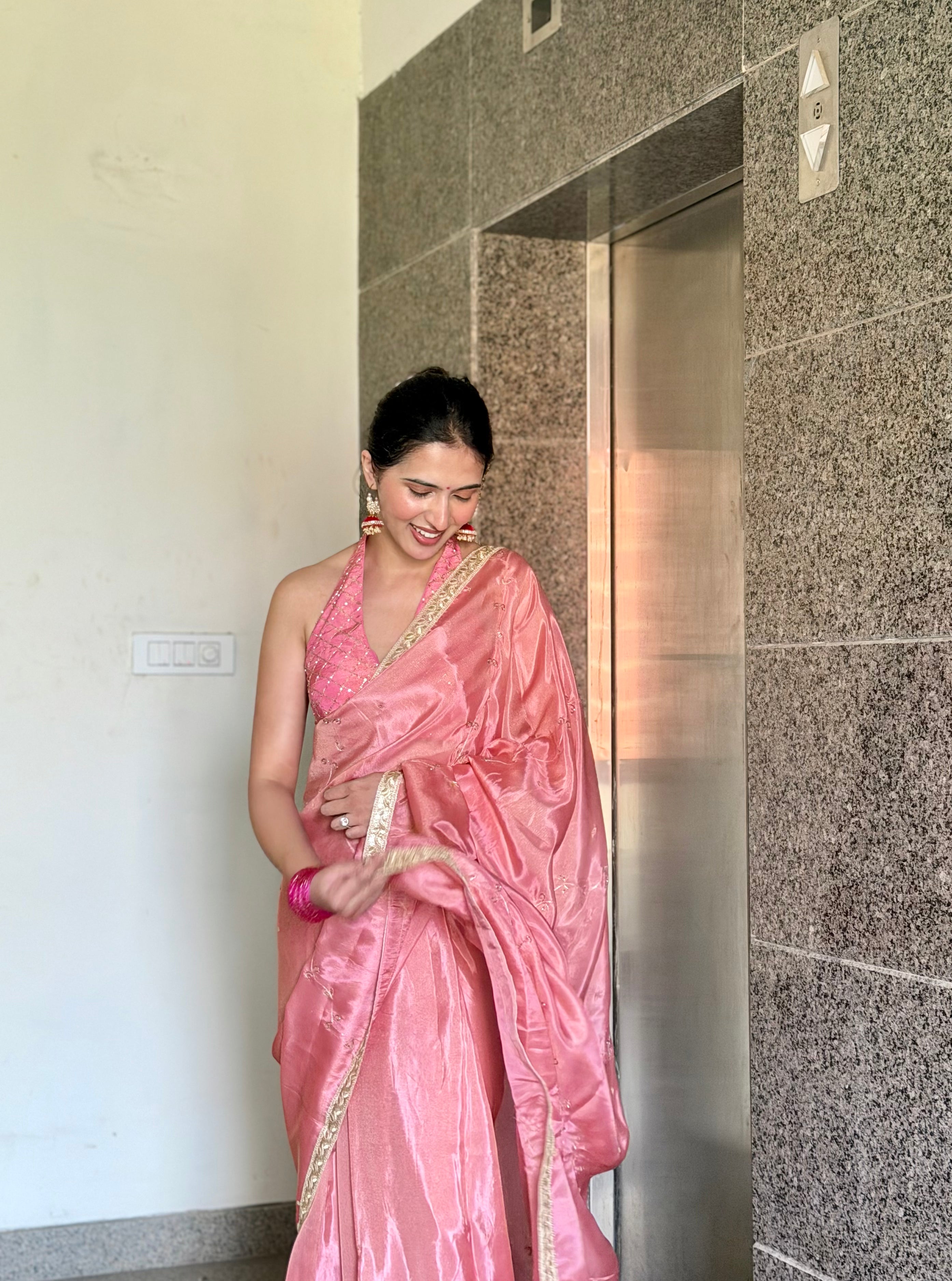 Strawberry Abroo Shimmery Tissue Handwork Saree