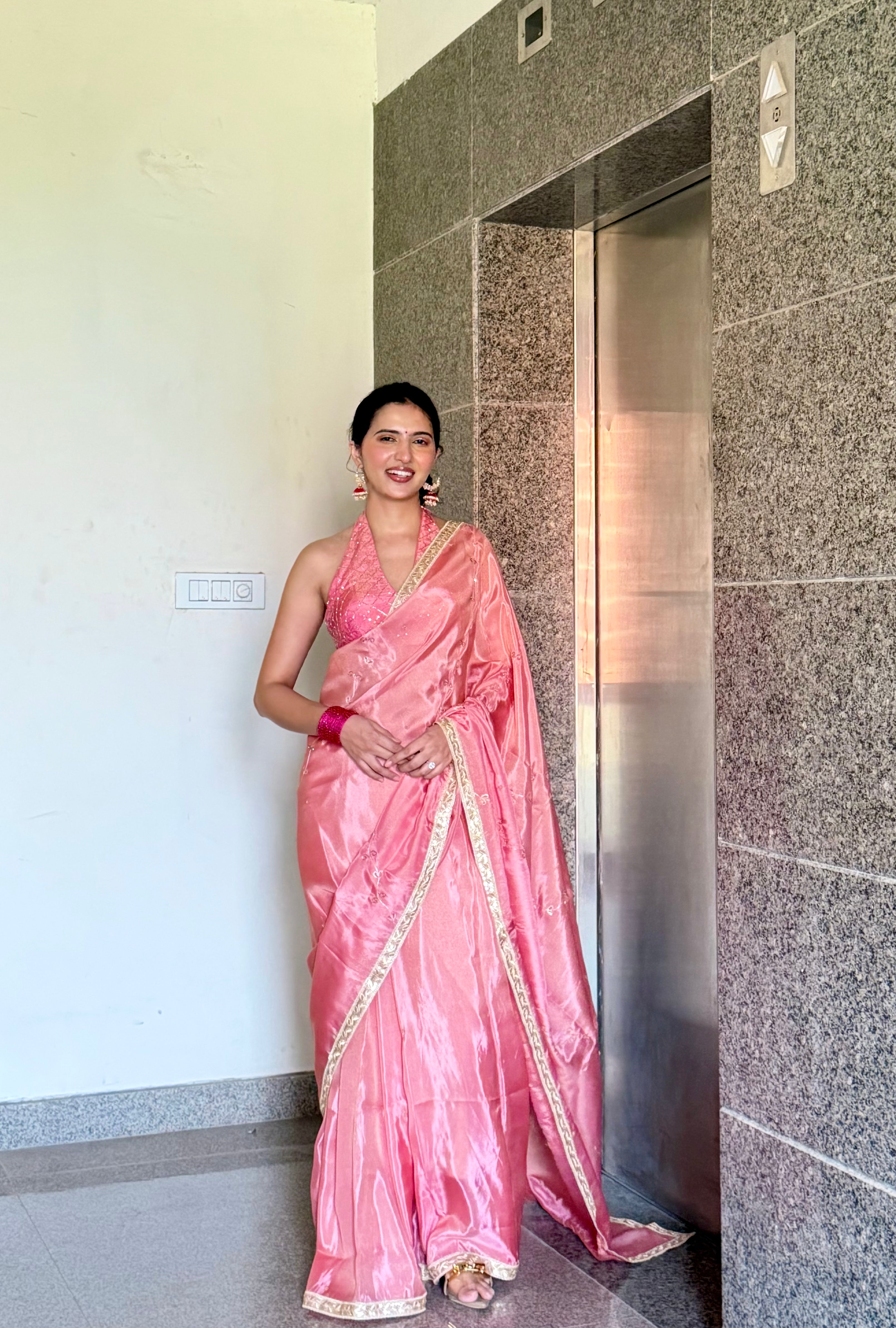 Strawberry Abroo Shimmery Tissue Handwork Saree