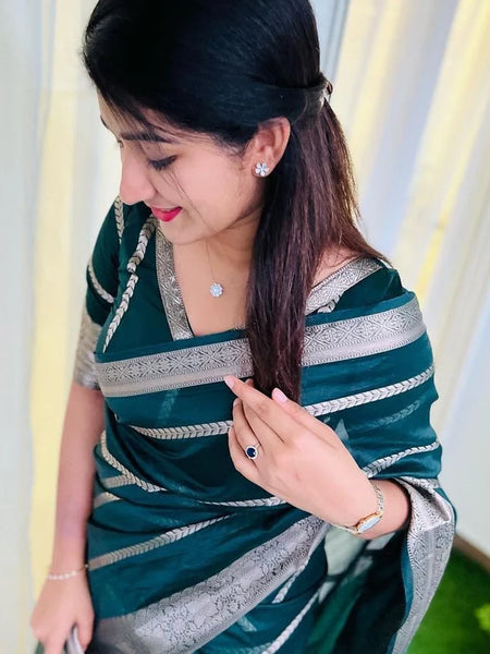 Banarasi Woven Soft Organza Stripe Pattern Saree Bottle Green | For Every Occasion & Festivals
