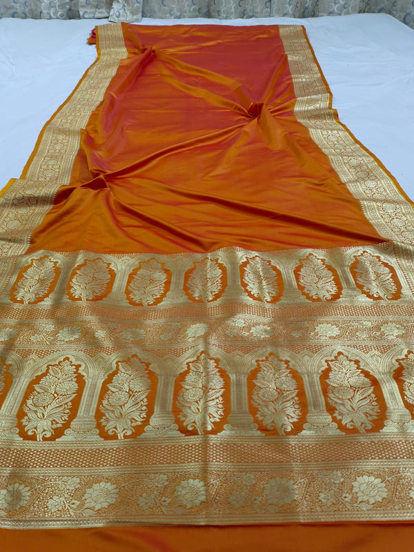 English Orange Traditional Banarasi Soft Satin Silk Saree | Light Weight Satin Silk Saree