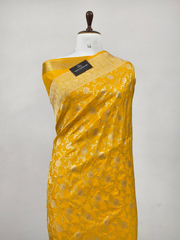 Yellow Gold Handwoven Pure Katan Silk Banarasi Handloom Uppada Saree Jaal Pattern