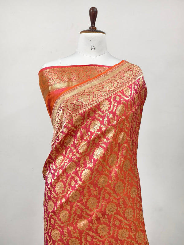Shaded Orange Handwoven Pure Katan Silk Banarasi Handloom Saree in Contrast Jangla