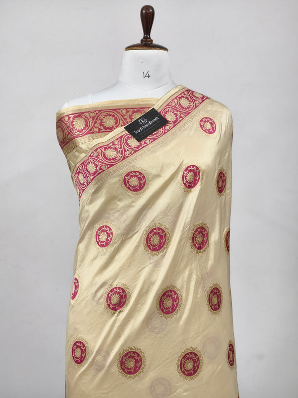 Off White Banasrasi Handloom Saree | Luxurious Handwoven Pure Katan Silk Saree