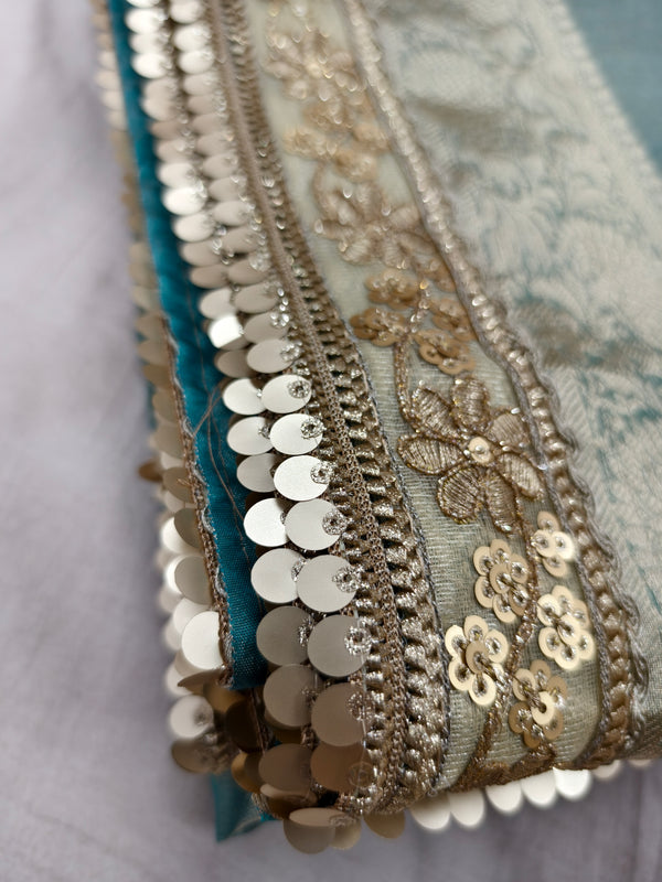 Sky Blue Designer Tissue Silk Saree with Hand Zardozi Work