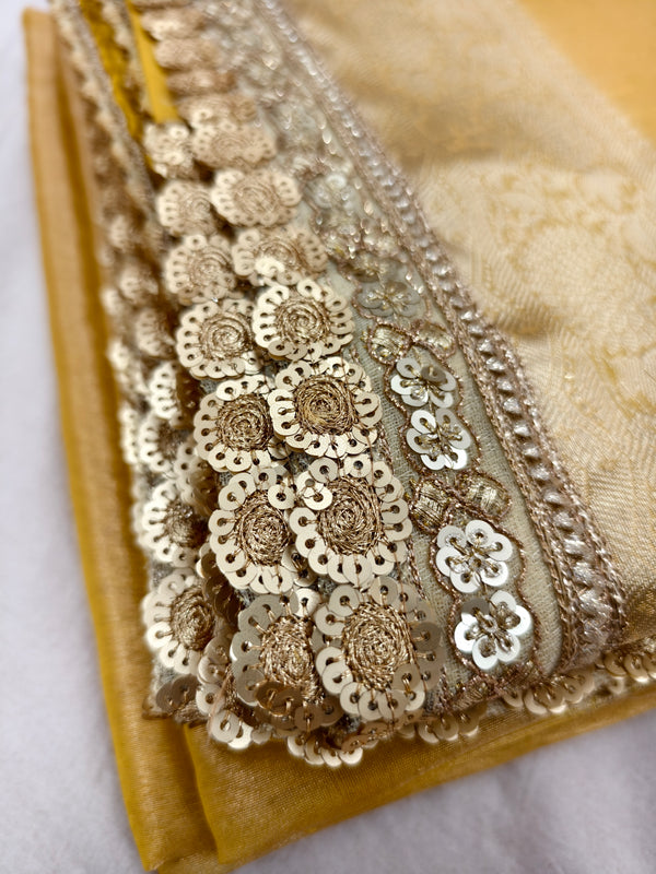 Mustard Gold Designer Tissue Silk Saree with Hand Zardozi Work