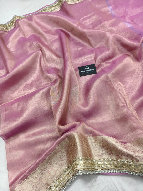 Hot Pink Designer Tissue Silk Saree with Hand Zardozi Work