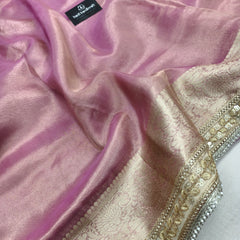 Hot Pink Designer Tissue Silk Saree with Hand Zardozi Work