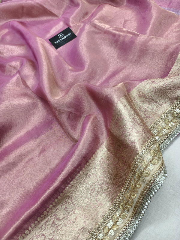 Janhvi Kapoor Inspired Baby Pink Soft Tissue Silk Saree with Handmade Cutwork Laces