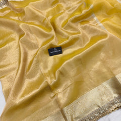 Mustard Gold Designer Tissue Silk Saree with Hand Zardozi Work