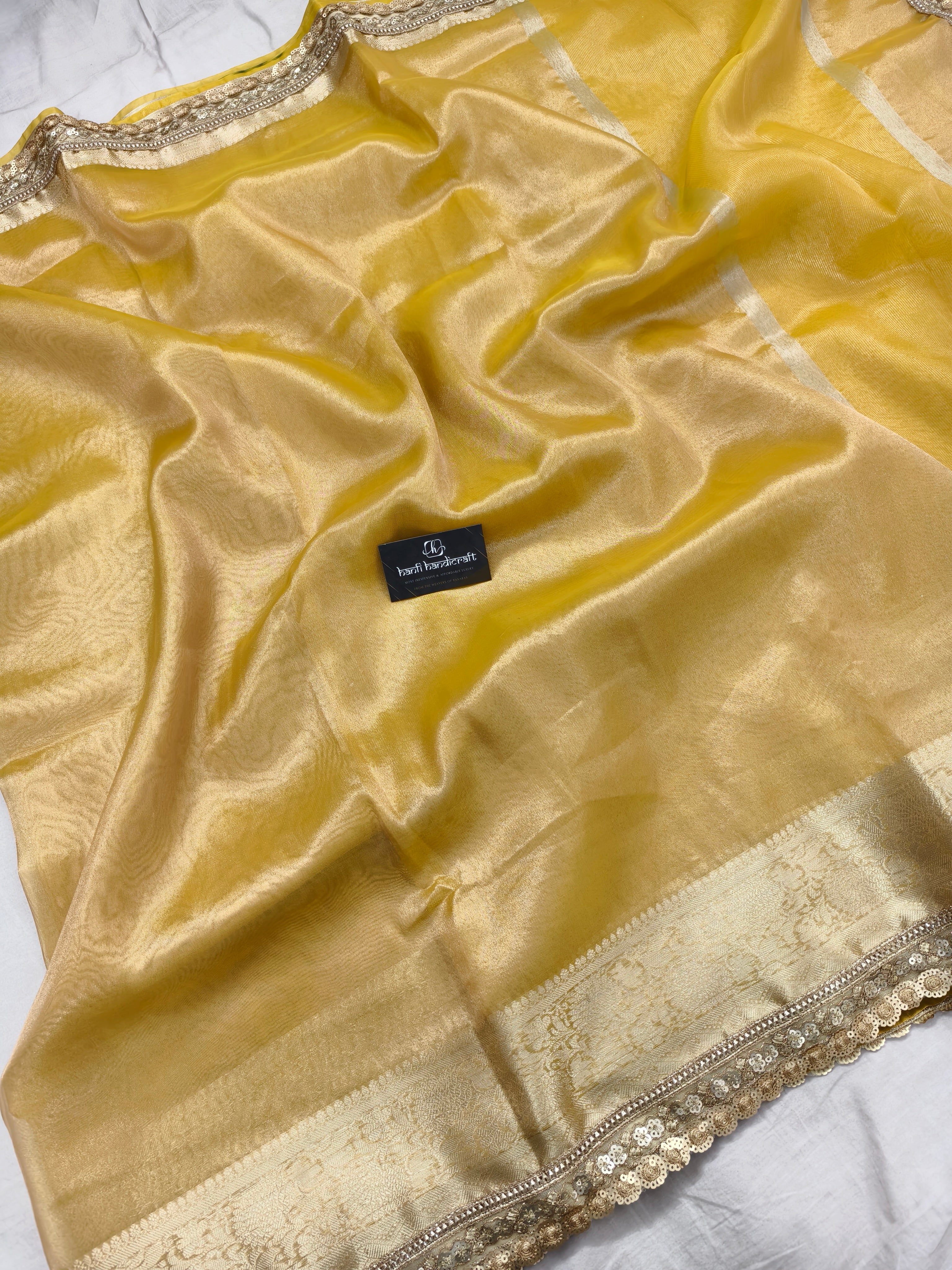 Macaroon Gold Designer Tissue Silk Saree with Hand Zardozi Work