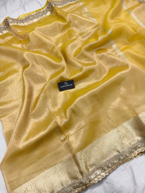 Janhvi Kapoor Inspired Gold Zari Soft Tissue Silk Saree with Handmade Cutwork Laces