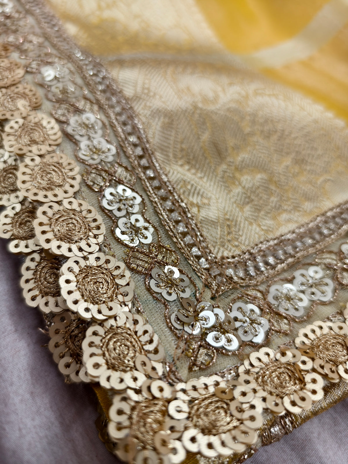 Macaroon Gold Designer Tissue Silk Saree with Hand Zardozi Work