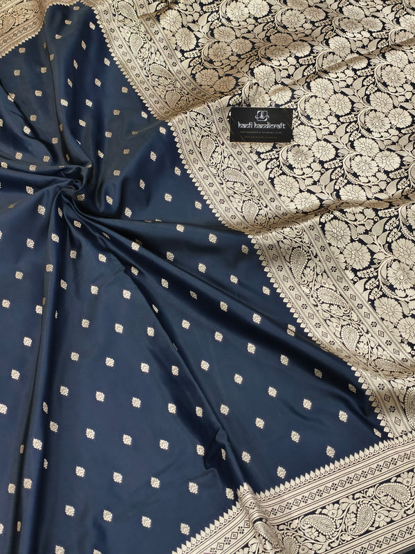 Navy Blue Aesthetic Banarasi Mashru Silk Soft Saree | Chunri Buti Saree