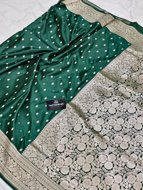 Bottle green Aesthetic Banarasi Mashru Silk Soft Saree | Chunri Buti Saree