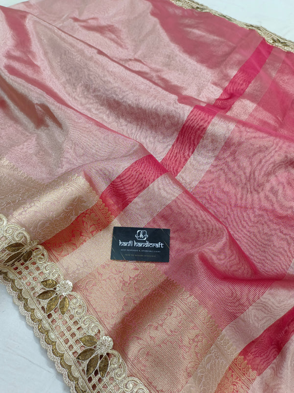 Shanaya Kapoor Inspired Strawberry Pink Soft Tissue Silk Saree with Zardozi Handwork Borders
