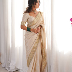 Rang-e-Mehar Pearl Ivory Handcrafted Zardozi Soft Tissue Silk Saree