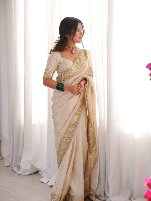 Rang-e-Mehar Pearl Ivory Handcrafted Zardozi Soft Tissue Silk Saree