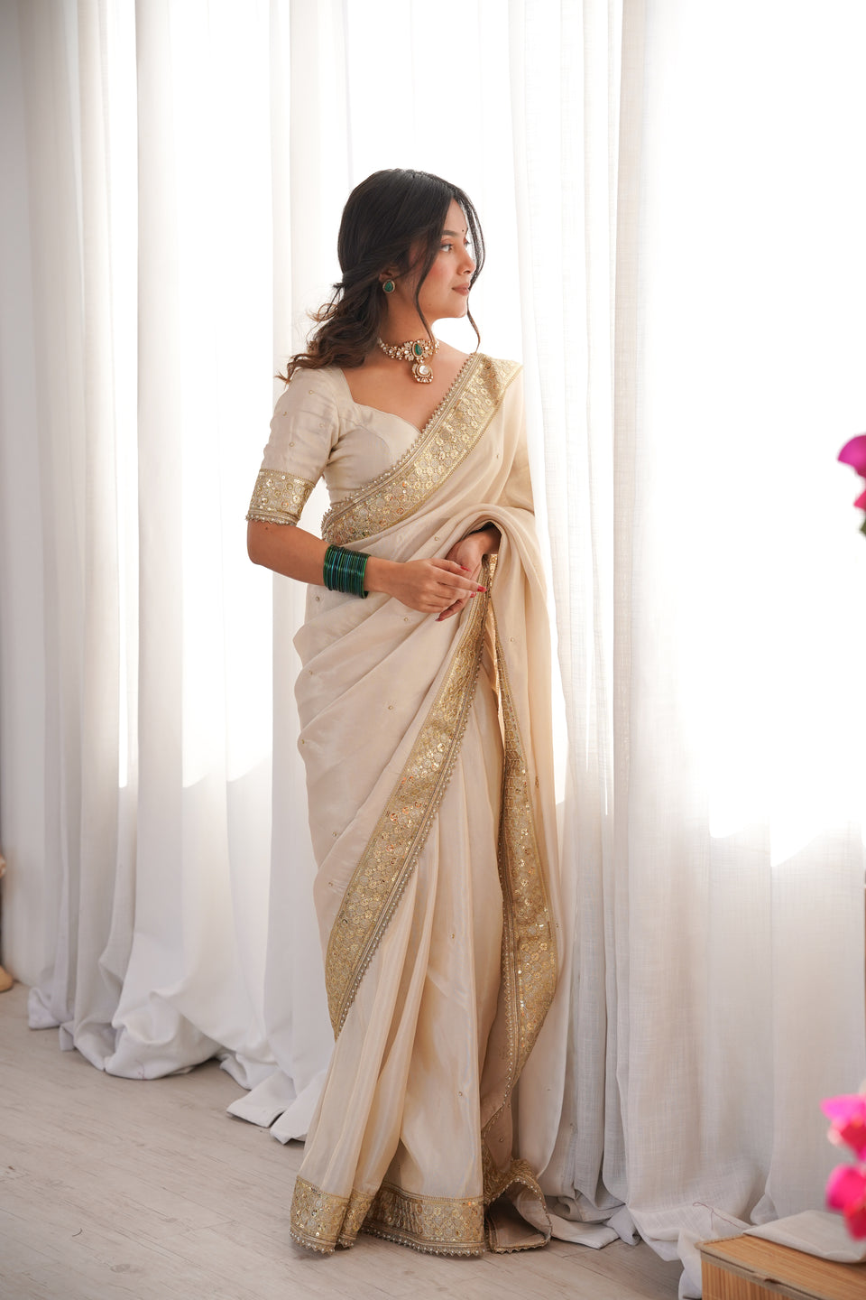 Rang-e-Mehar Pearl Ivory Handcrafted Zardozi Soft Tissue Silk Saree