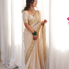 Rang-e-Mehar Pearl Ivory Handcrafted Zardozi Soft Tissue Silk Saree