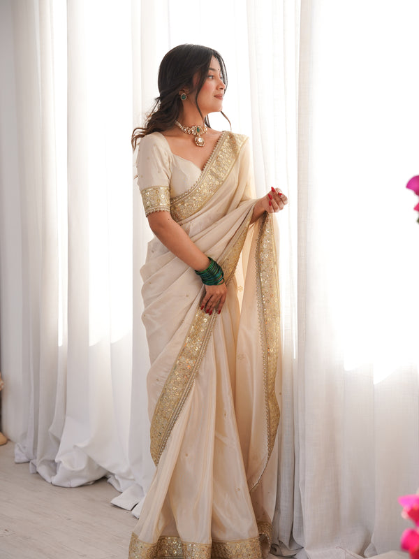 Rang-e-Mehar Pearl Ivory Handcrafted Zardozi Soft Tissue Silk Saree