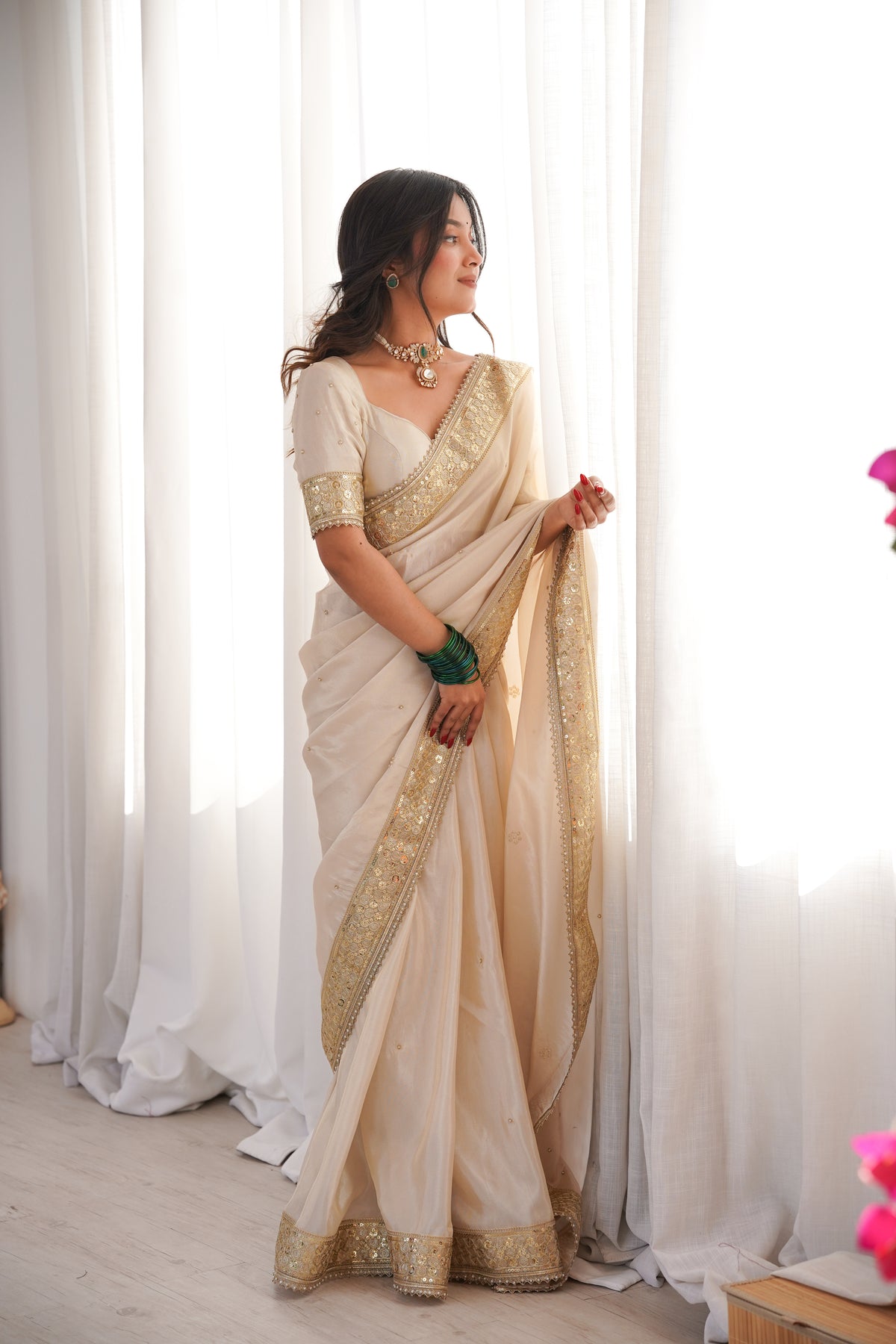 Rang-e-Mehar Pearl Ivory Handcrafted Zardozi Soft Tissue Silk Saree