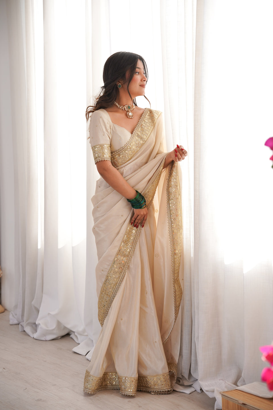 Rang-e-Mehar Pearl Ivory Handcrafted Zardozi Soft Tissue Silk Saree