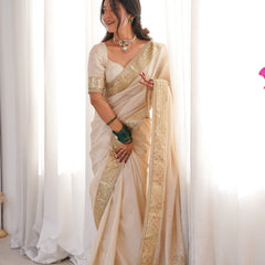 Rang-e-Mehar Pearl Ivory Handcrafted Zardozi Soft Tissue Silk Saree