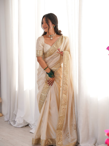 Rang-e-Mehar Pearl Ivory Handcrafted Zardozi Soft Tissue Silk Saree