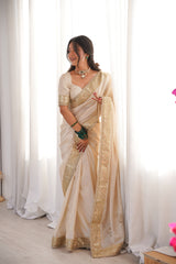 Rang-e-Mehar Pearl Ivory Handcrafted Zardozi Soft Tissue Silk Saree