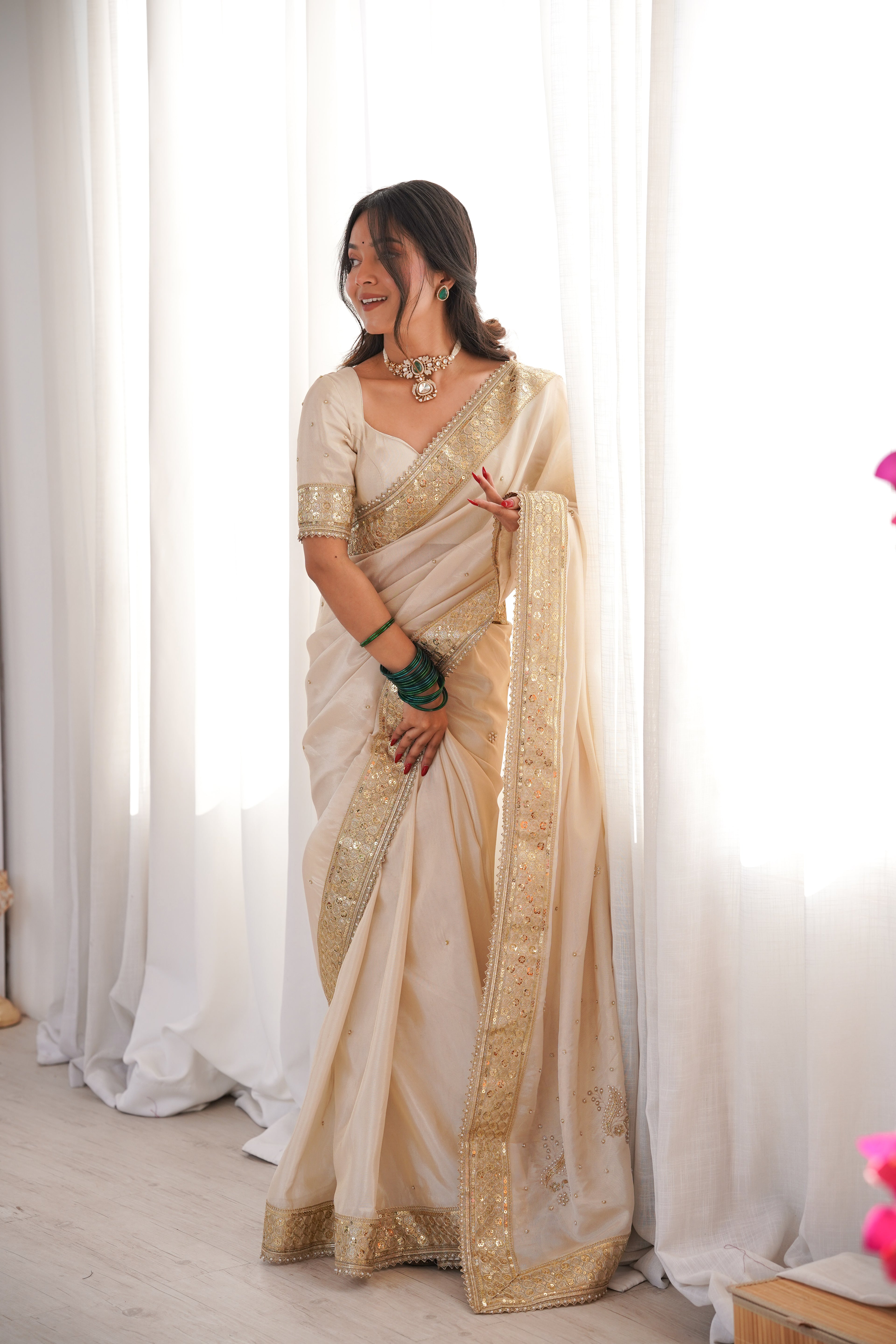 Rang-e-Mehar Pearl Ivory Handcrafted Zardozi Soft Tissue Silk Saree