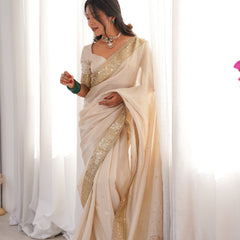 Rang-e-Mehar Pearl Ivory Handcrafted Zardozi Soft Tissue Silk Saree