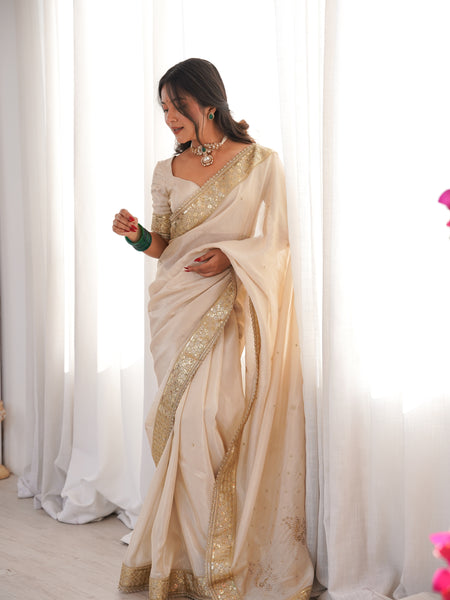 Rang-e-Mehar Pearl Ivory Handcrafted Zardozi Soft Tissue Silk Saree