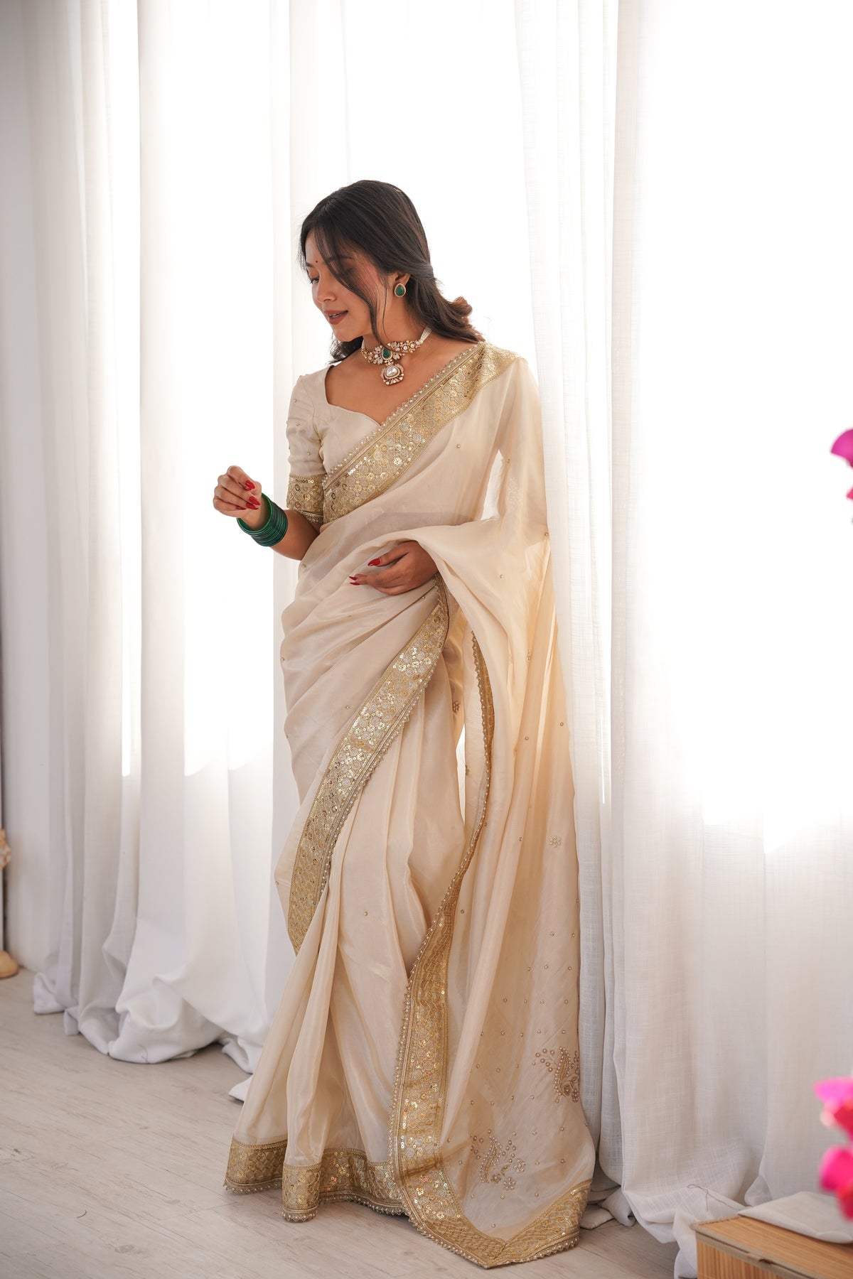 Rang-e-Mehar Pearl Ivory Handcrafted Zardozi Soft Tissue Silk Saree