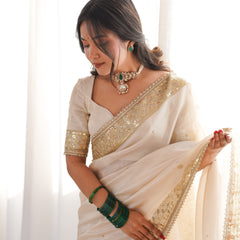 Rang-e-Mehar Pearl Ivory Handcrafted Zardozi Soft Tissue Silk Saree