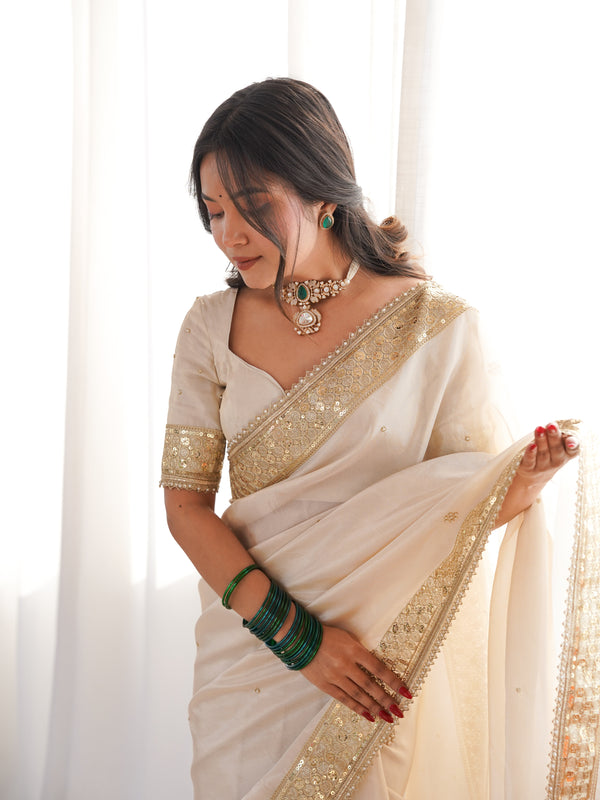 Rang-e-Mehar Pearl Ivory Handcrafted Zardozi Soft Tissue Silk Saree