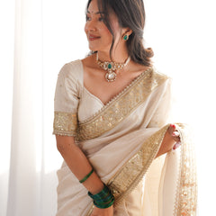 Rang-e-Mehar Pearl Ivory Handcrafted Zardozi Soft Tissue Silk Saree