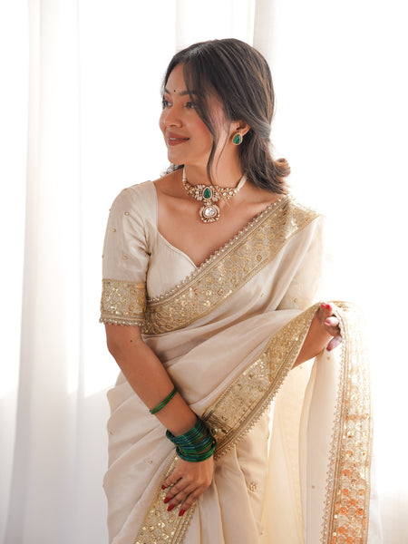 Rang-e-Mehar Pearl Ivory Handcrafted Zardozi Soft Tissue Silk Saree