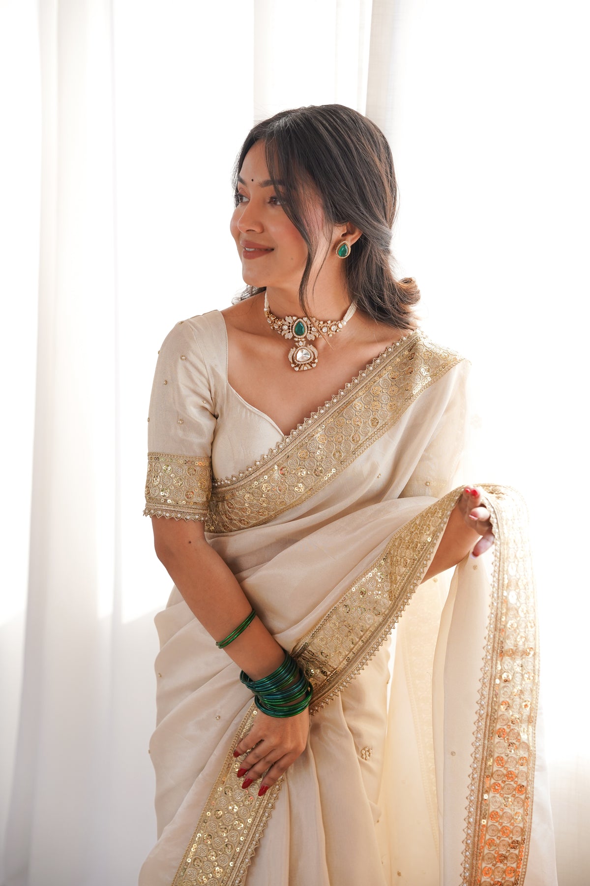 Rang-e-Mehar Pearl Ivory Handcrafted Zardozi Soft Tissue Silk Saree