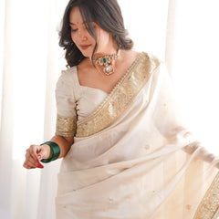 Rang-e-Mehar Pearl Ivory Handcrafted Zardozi Soft Tissue Silk Saree