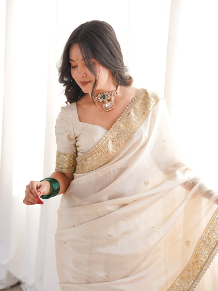 Rang-e-Mehar Pearl Ivory Handcrafted Zardozi Soft Tissue Silk Saree