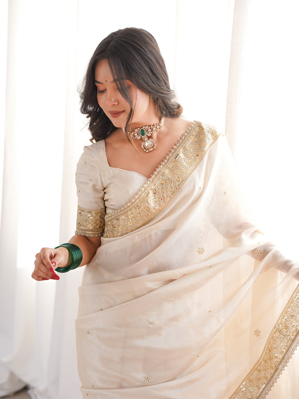 Rang-e-Mehar Pearl Ivory Handcrafted Zardozi Soft Tissue Silk Saree