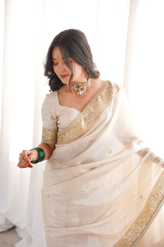 Rang-e-Mehar Pearl Ivory Handcrafted Zardozi Soft Tissue Silk Saree