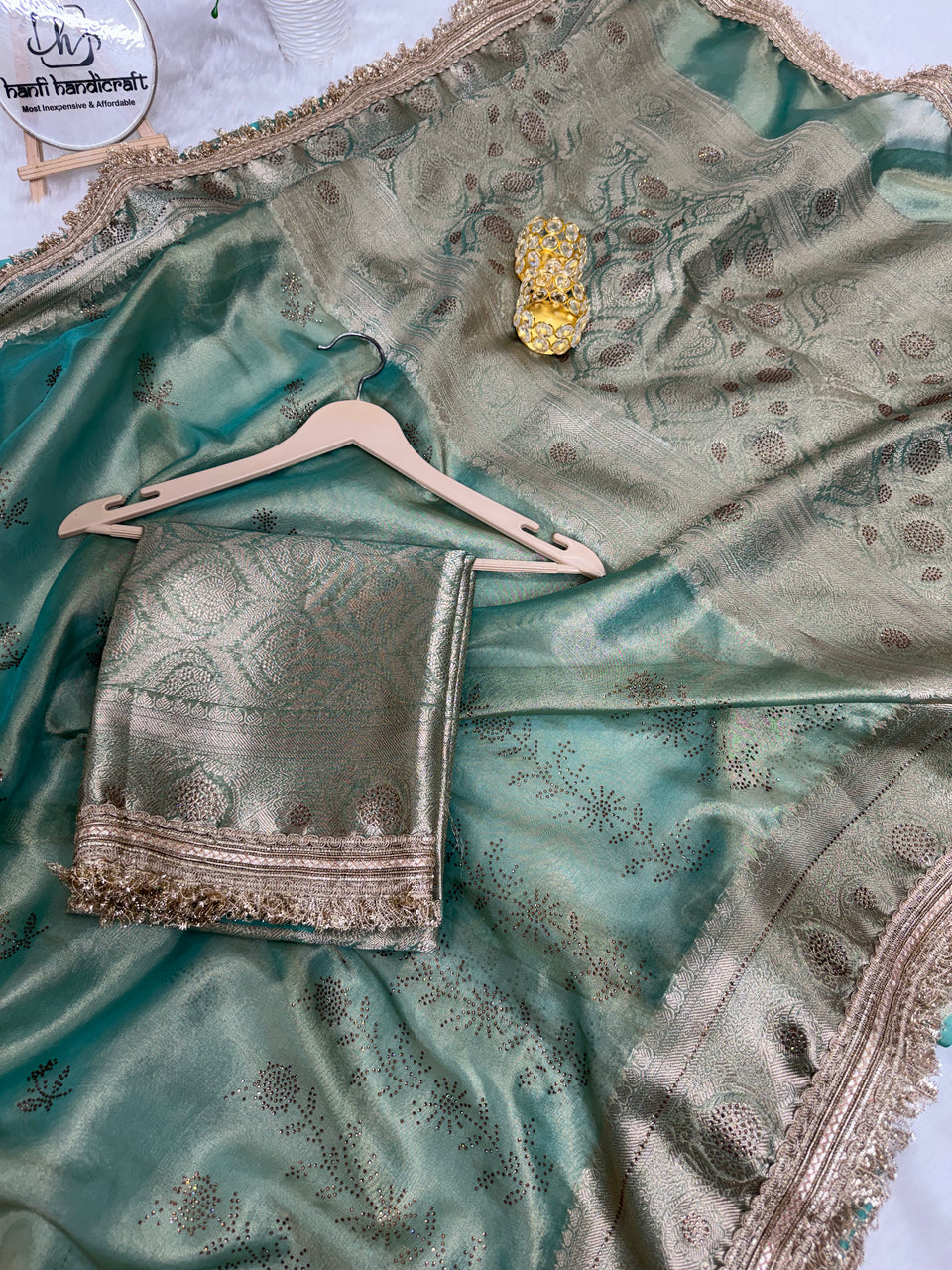 Sea Green Ranibagh Swarovski Work Banarasi Tissue Silk Saree