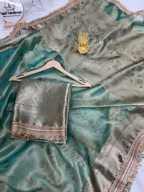 Sea Green Ranibagh Swarovski Work Banarasi Tissue Silk Saree