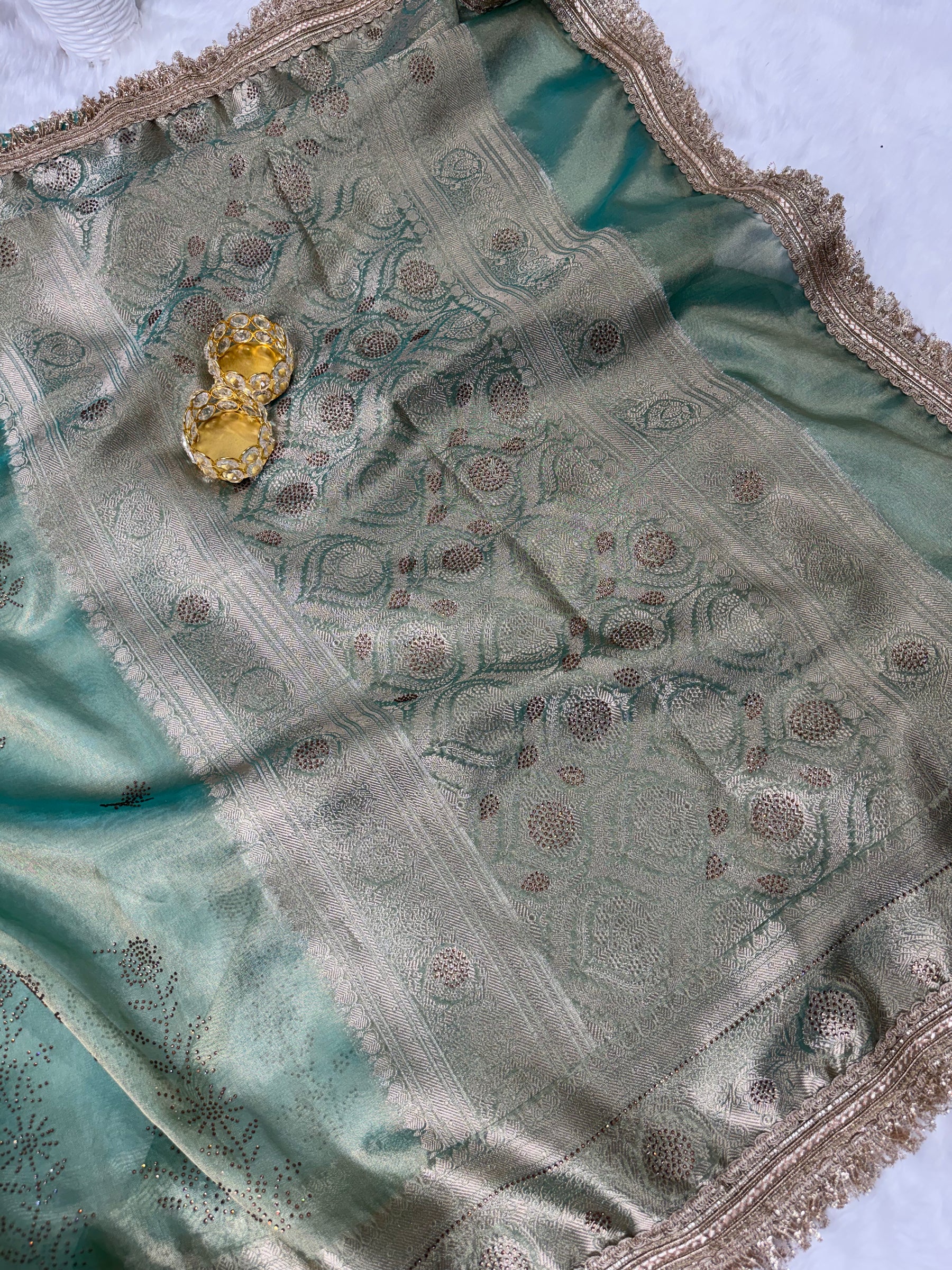 Sea Green Ranibagh Swarovski Work Banarasi Tissue Silk Saree