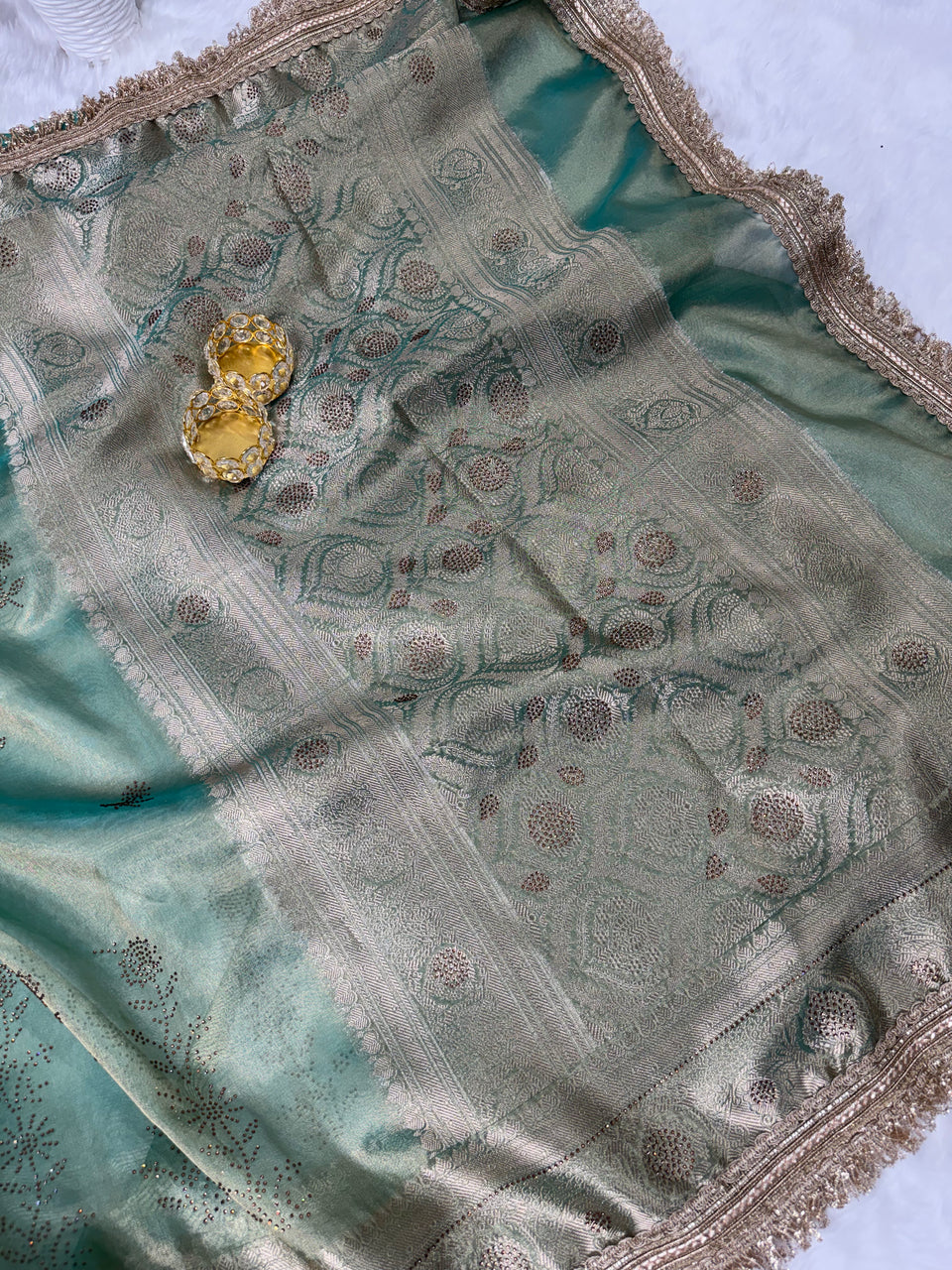Sea Green Ranibagh Swarovski Work Banarasi Tissue Silk Saree