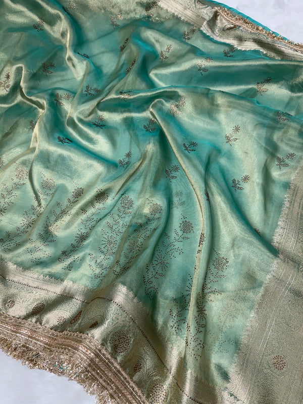 Sea Green Ranibagh Swarovski Work Banarasi Tissue Silk Saree