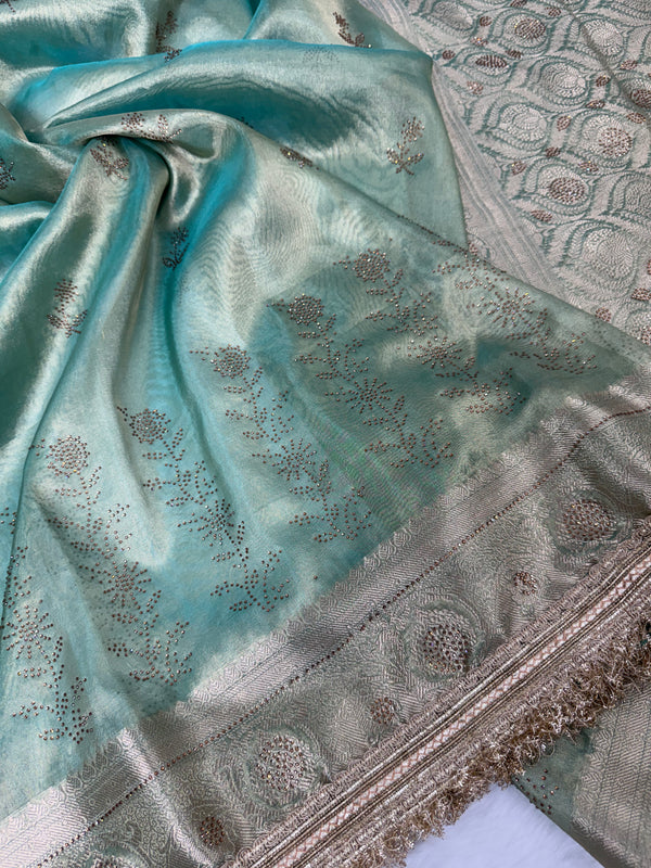 Sea Green Ranibagh Swarovski Work Banarasi Tissue Silk Saree