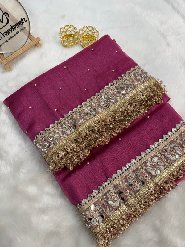 Fuscia Pink Noor-e-Zar Pearl Motif Handwork Saree